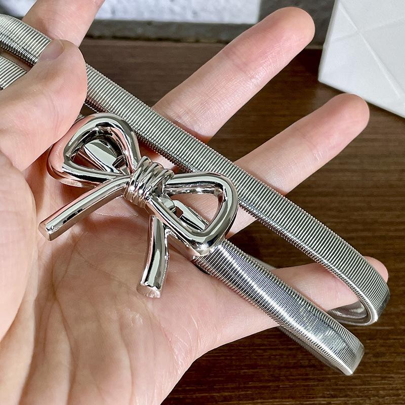 Y2K Metal Bowknot Knot Belt Elastic Force Adjustable Women Sweet Vintage Belt Skirt Pants Accessories Girl Metal Waist Chain