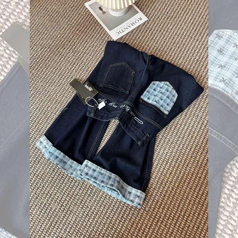 

Plus Size Women s Wide Leg Jeans with Bow Knot Patchwork - High Waist, Cuffed for Autumn/Winter 3XL синий