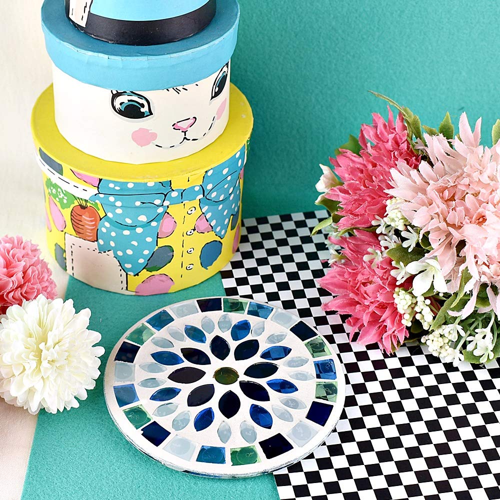 Fourcart Cute Handmade Glass Mosaic Coasters, Flower Blue, Set of 5