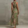 European and American cross-border 2026 women's clothing hip-wrapped mesh printing irregular split pleats sexy suspender dress long dress