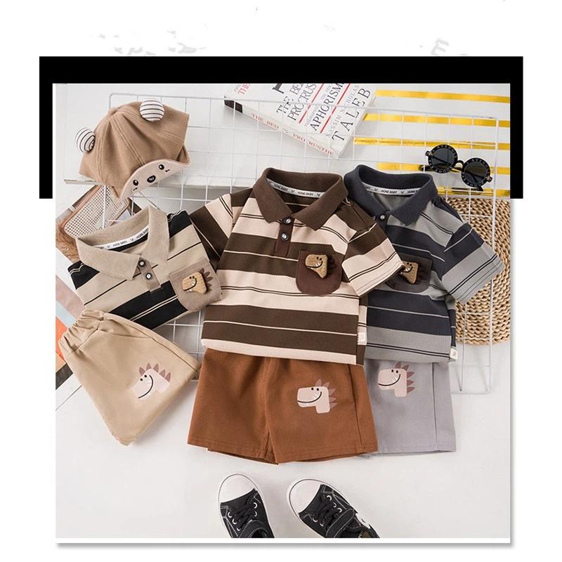Cartoon Dinosaur Embroidery Children's Polo Set Boys' Striped Casual Breathable Two-piece Set