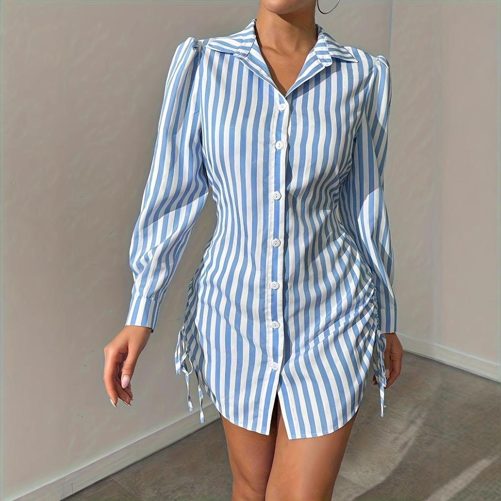 Women's Spring and Summer Striped Side Drawstring Long Sleeve Shirt Skirt