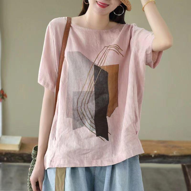 Dames Retro Casual Løse Bomull Lin T-skjorter Stor Størrelse Trykte Topper Sommer Rund Hals Korte Ermer T-skjorte