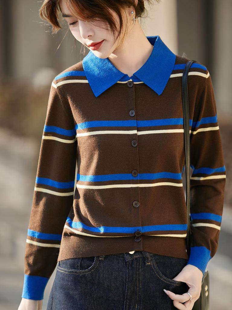 Women's Retro Color Block Striped Polo Knit Cardigan - Long Sleeve, Soft Fluffy Sweater Coat, Age-Reducing Knitwear