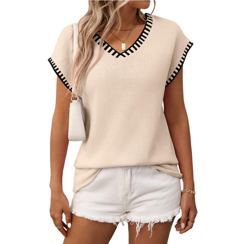 Summer New Women's Pullovers V-neck Short-sleeved Striped Knitted Sweater