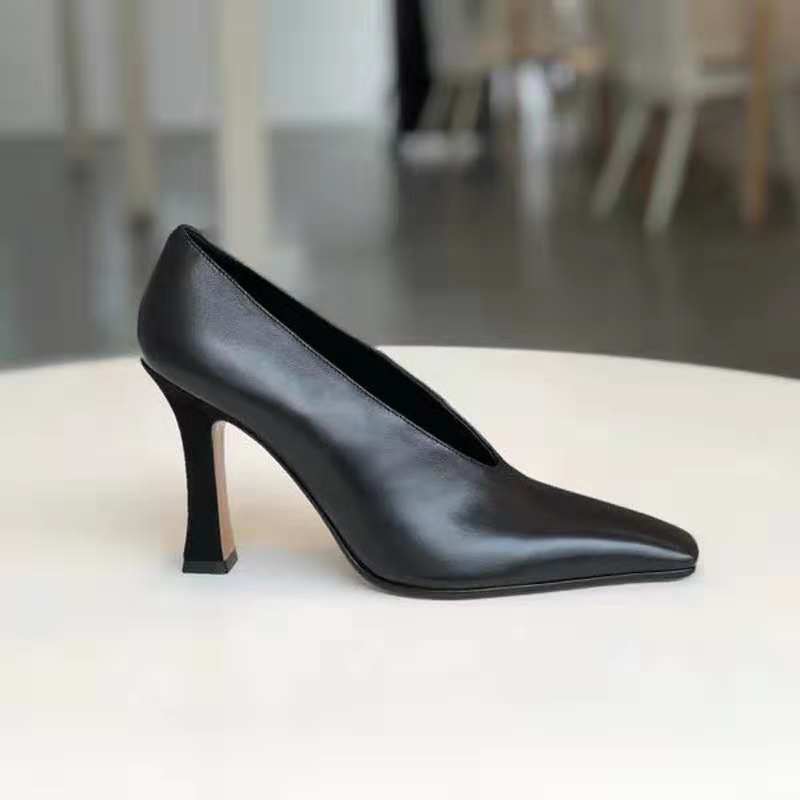 Fashion Square-Toed V-Neck High-Heeled Single Shoes For Women, Retro And Versatile Soft Leather Shallow Toe Thin Heel Grandma'S Heel Sho