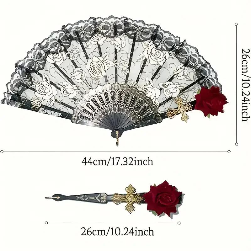 Vintage Spanische Flamenco Rose Spitze Handfächer Elegant Schwarz Faltbar Party Hochzeit Fächer 1 Stück/2 Stück Option für Besondere Anlässe