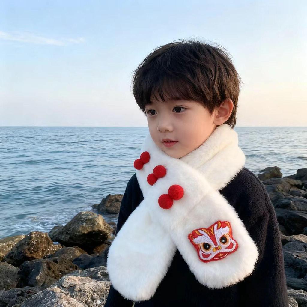 Children's Versatile Red Winter Scarf: Chinese New Year Style Plush Neck Gaiter for Boys and Girls