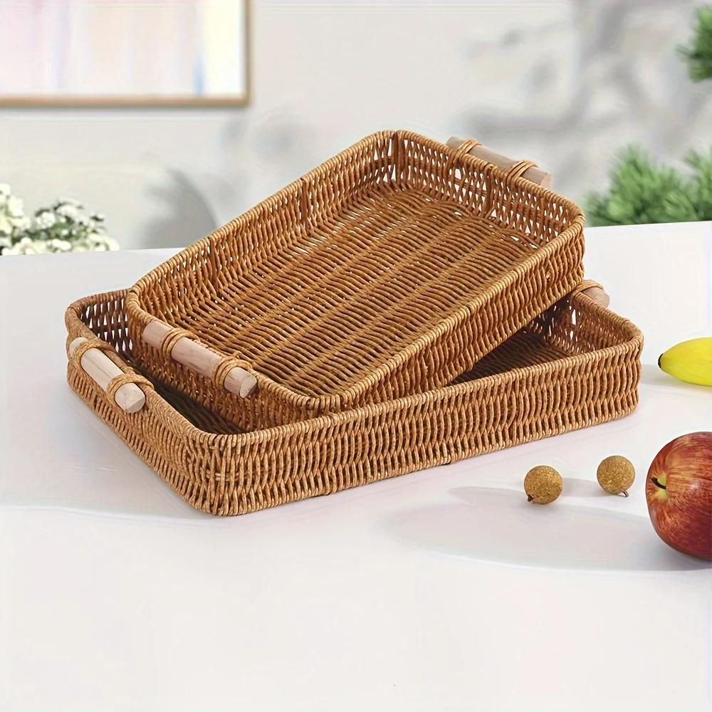 Stackable Rattan Storage Basket W/ Handle, Multi-Use Organizer for Home, Kitchen, Bathroom. Modern & Decorative.
