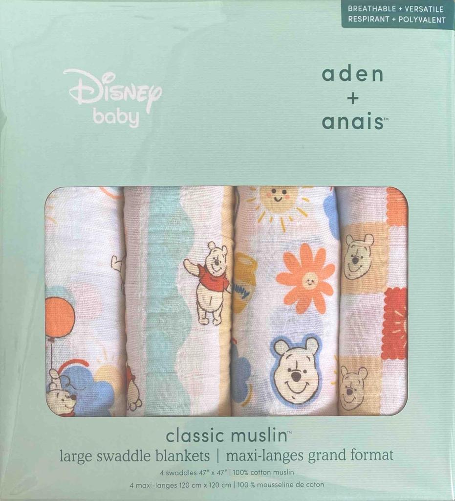 Aden + Anais Disney Winnie the Pooh Swaddle Blanket, 120cm X 120cm, Set of 4, 100% Cotton Muslin, Multipurpose Baby Blanket
