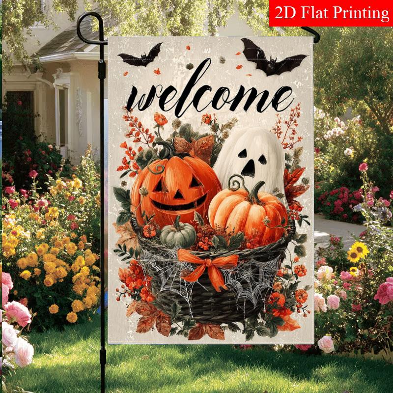 2D Flat - 2D Flat Halloween Ghost Pumpkin Black Bat Welcome Garden Flag, 2-28 X 40 Inches Outdoor Garden Flag, Double-Sided Home Decoration Courtyard