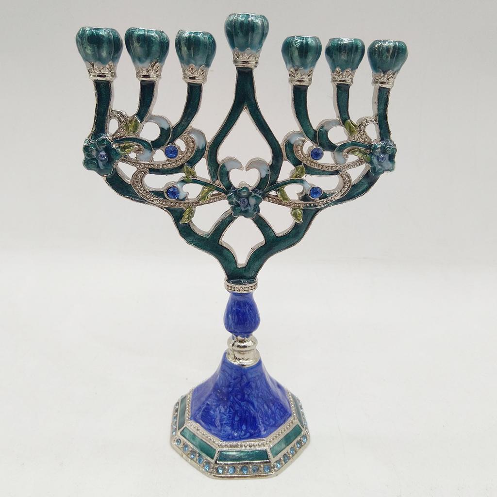 Retro Menorah Candlestick Enamel Crystals Judaica Candelabra Geometric