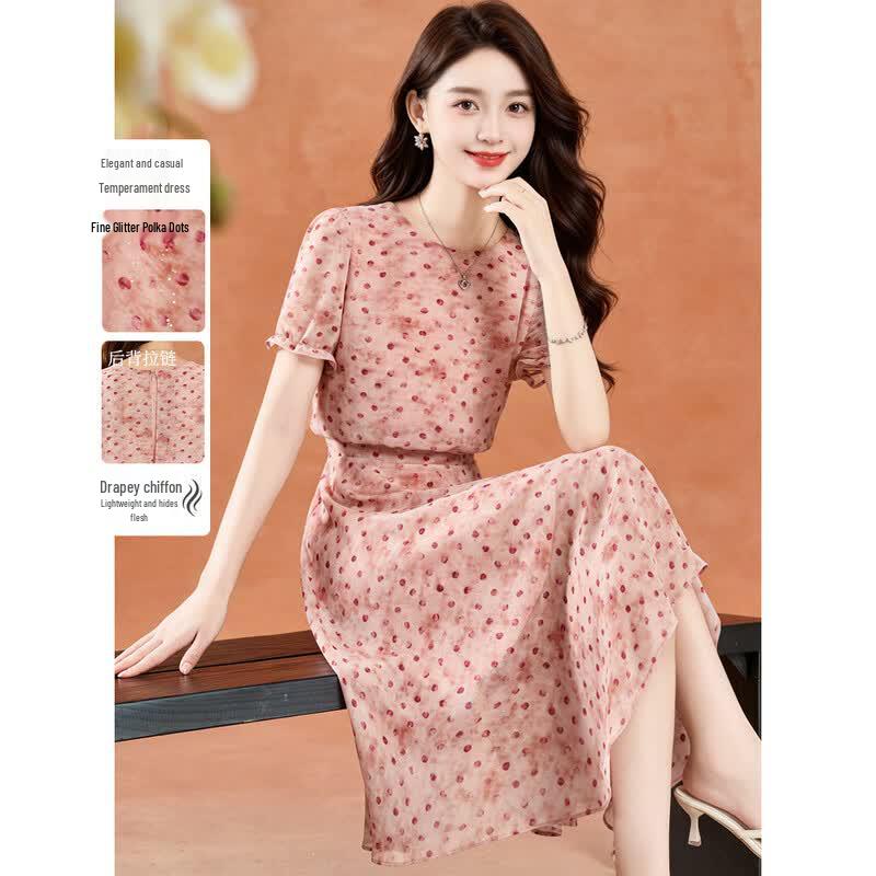 Women s French Polka Dot A-Line Midi Dress L