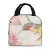 Fågel Rosa Blomma Vintage Mönster Isolerad Lunchväska för Kvinnor Barn Bärbara Matlådor Termisk Lunchlåda Tote