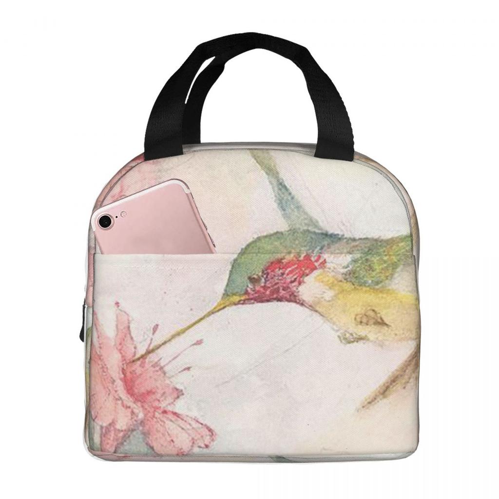Fågel Rosa Blomma Vintage Mönster Isolerad Lunchväska för Kvinnor Barn Bärbara Matlådor Termisk Lunchlåda Tote