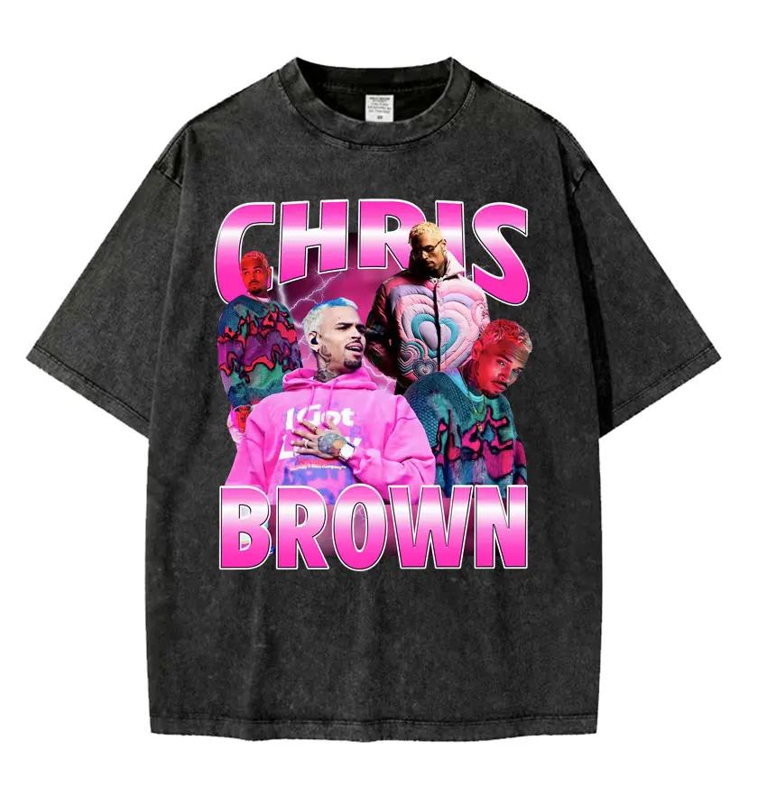 Rapper Chris Brown Breezy Großes Gesicht Grafik T-Shirt Unisex Damenmode Vintage Gewaschen Übergroß Kurzarm T-Shirts Streetwear