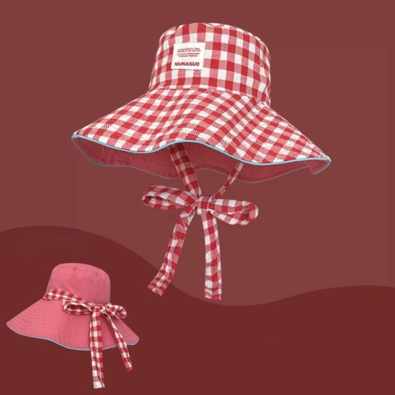 Women's Summer Korean Style Ins Plaid Lace-Up Bucket Hat Large Brim Reversible Sun Protection Outdoor Travel Sun Hat