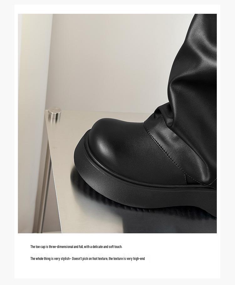 Women's Knee-High Platform Boots with Thick Soles, Height-Increasing Ruched Design, Martin Style, Sizes 34-45.