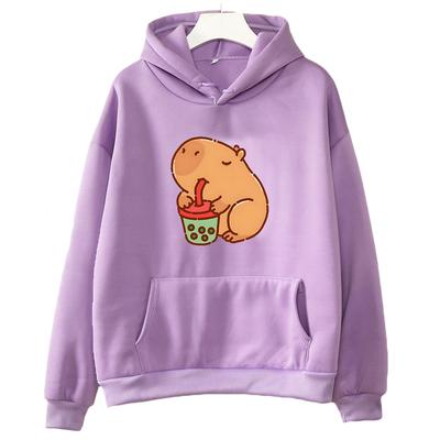 Felpa con Cappuccio Capibara Drink Bubble Tea Kawaii Animale Cartone Animato Grafica Donna/Uomo Manica Lunga Top con Cappuccio Harajuku Coppia Ragazza