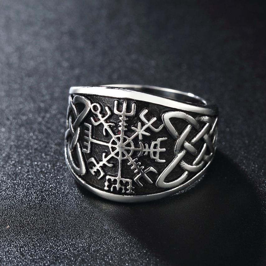 Norse Vikings Runes Celtic Knot Ring Vegvisir Symbol Compass Silver Ring Pagan Supernatural Talisman Jewelry