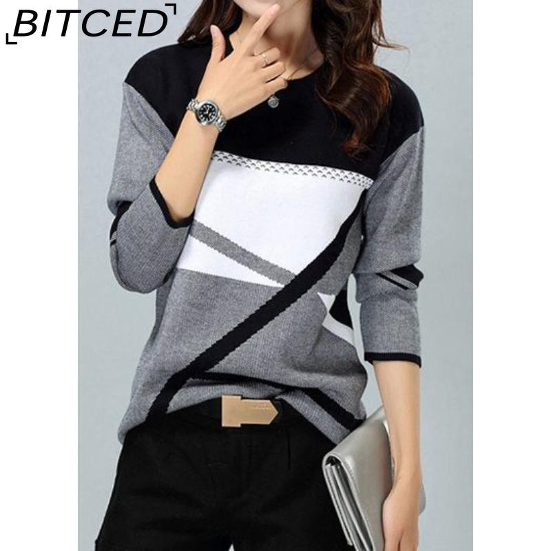 BITCED Spring/Summer Women s Contrast-Color Positioned Print O-Neck Long-Sleeve T-Shirt S