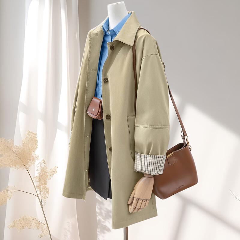 Women s Plaid Sleeve Loose Fit Lapel Windbreaker XL