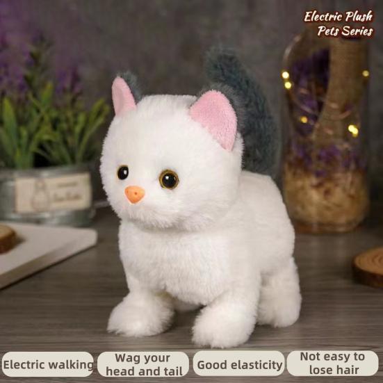 Kids Electric Plush Cat Toy Walking Head Shaking Tail Wagging Interactive Kitten Plushie Toy Toddlers Boys Girls Educational Simulation Animal Toy