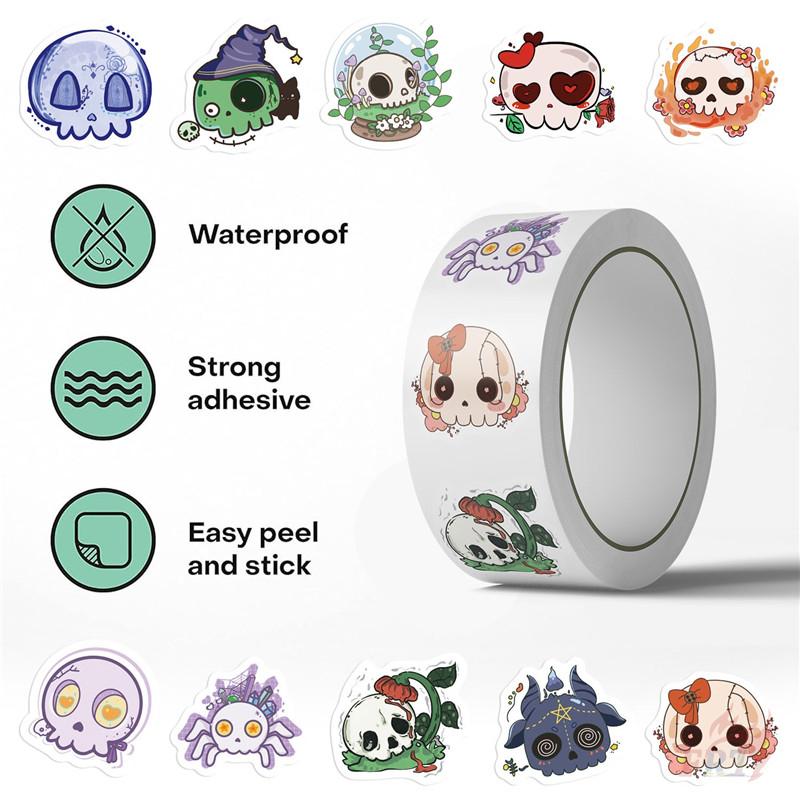 500Pcs/Roll Groovy Skull Kids Rewards Stickers - DIY Scrapbooks Album Decor Sealing Label Decals