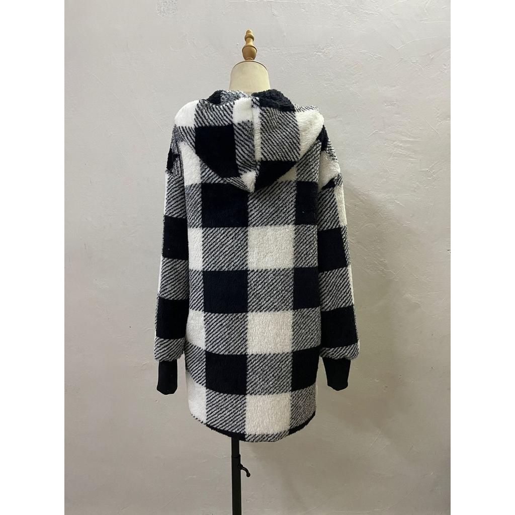 Women's Autumn and Winter Hooded Plaid Warm Top, Mid To Long Plush Cardigan Jacket