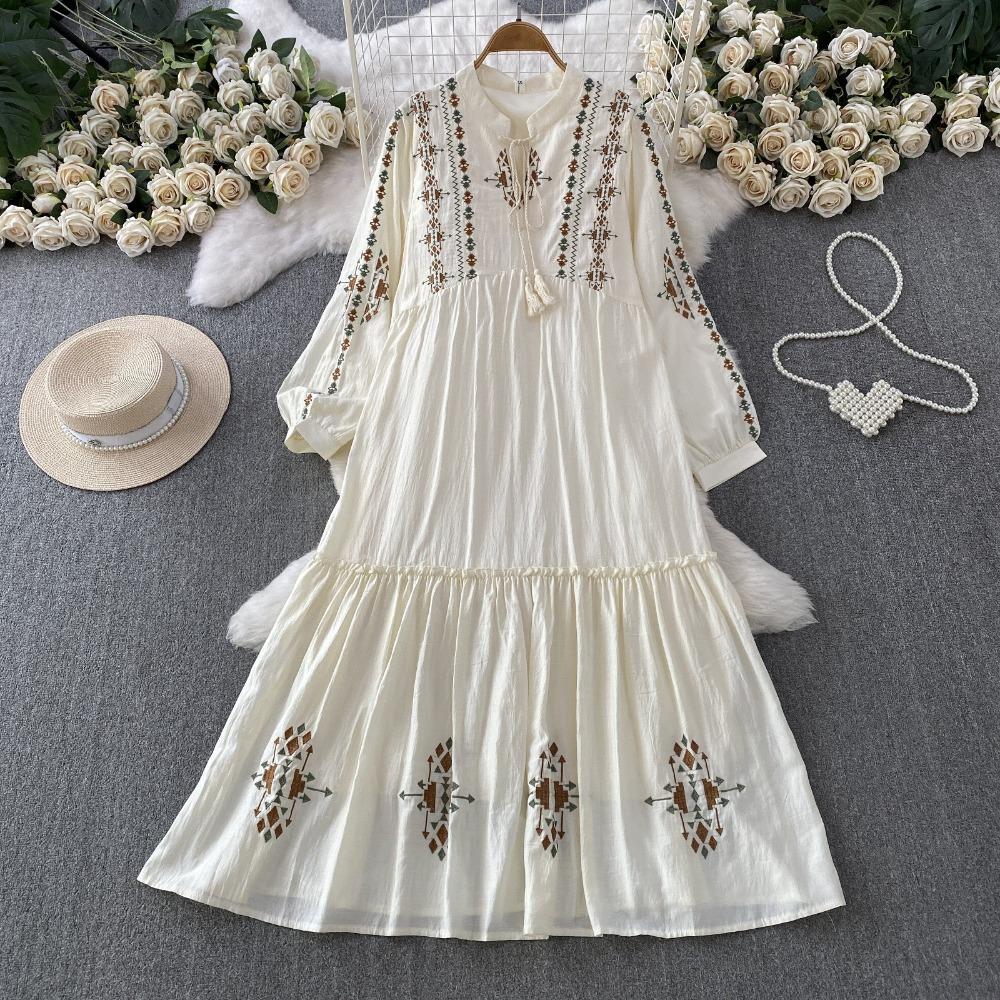 Women's Ethnic Style Embroidered Stand Collar Long Sleeve Maxi Dress for Summer