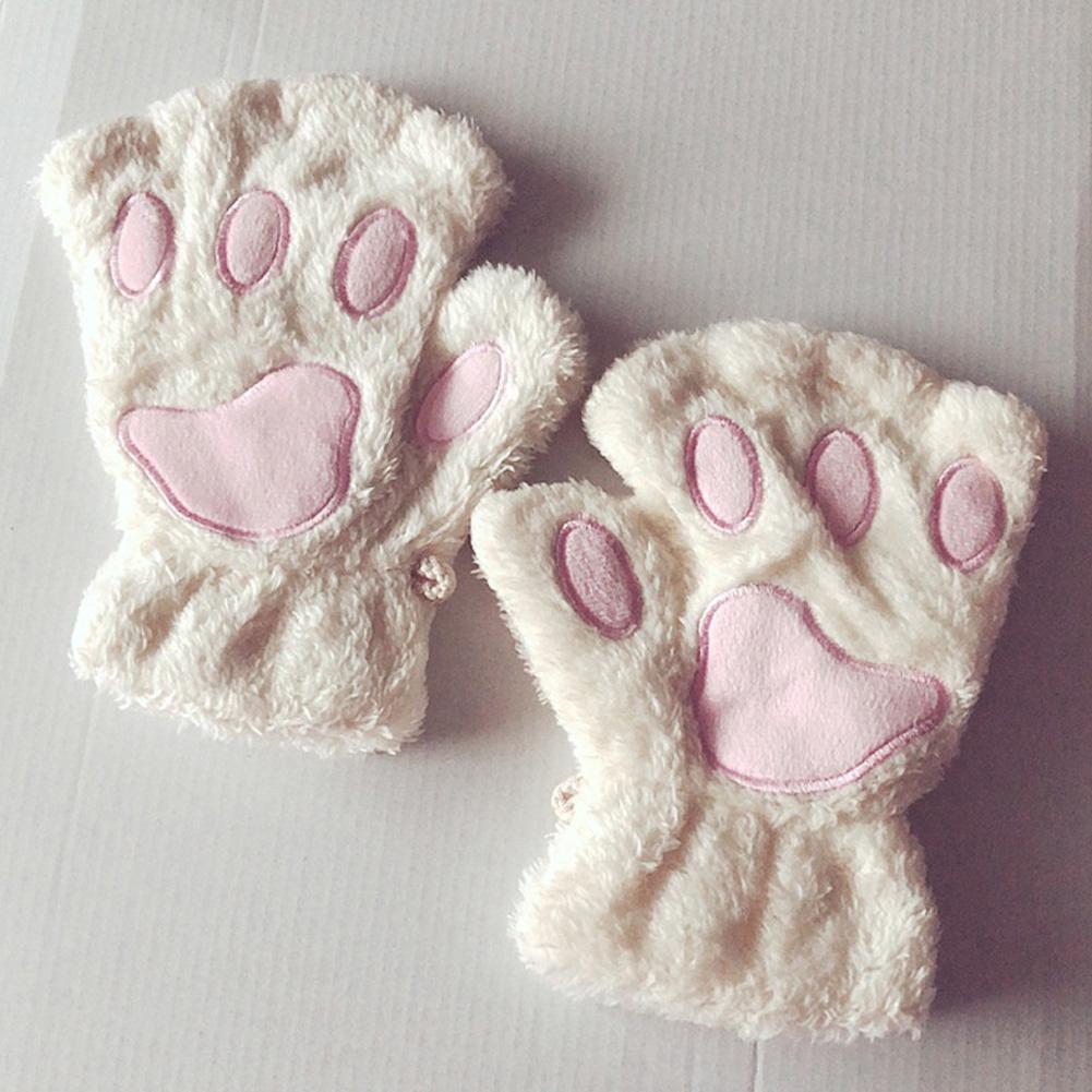 Cute Cat Claw Paw Plush Mittens Warm Soft Plush Short Fingerless Fluffy Bear Gloves for Woman