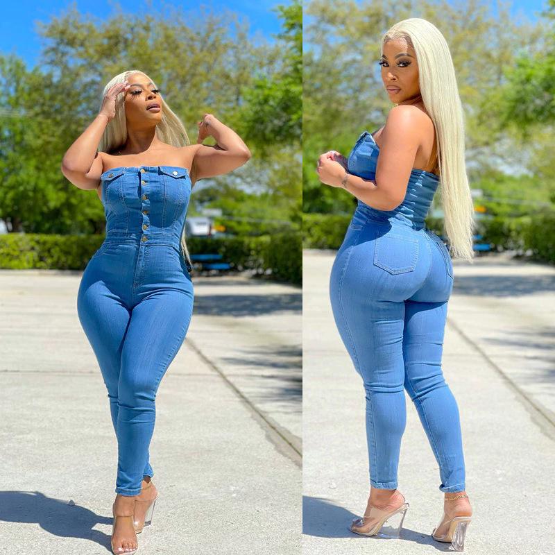 European American Strapless Slim Fit Denim Jumpsuit for Women