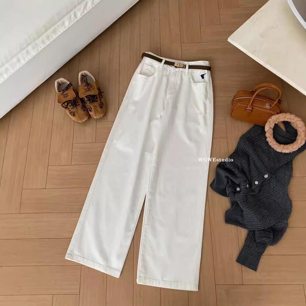 Women's Yuppie White Wide-Leg Pants - Straight Casual Autumn Trousers, Style 9727