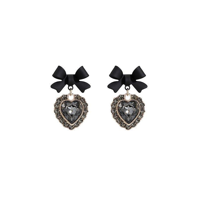 Fashion Elegant Black Bow Heart Drop Earring Women Personality Earrings Party Trending Jewelry