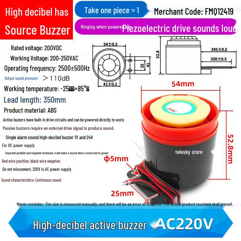 Sirena Allarme Buzzer ad Alto Decibel SFB-55, Segnalatore Acustico DC 6-12V, 12V/24V/220V
