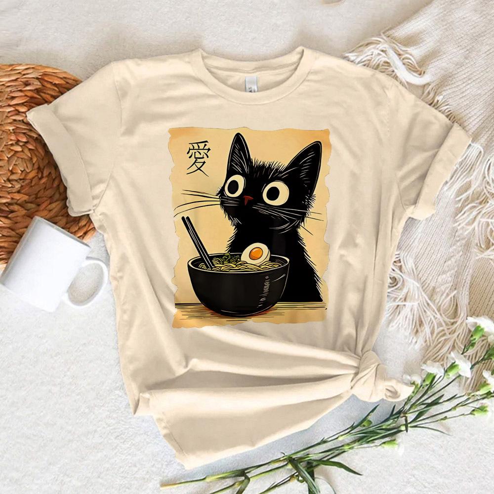 Nudel Ramen Katze Shirt Teen Popkultur Grafik Bequem Gothic Vintage Klassisch T-Shirt Damen 80er Bequem 2000er kawaii