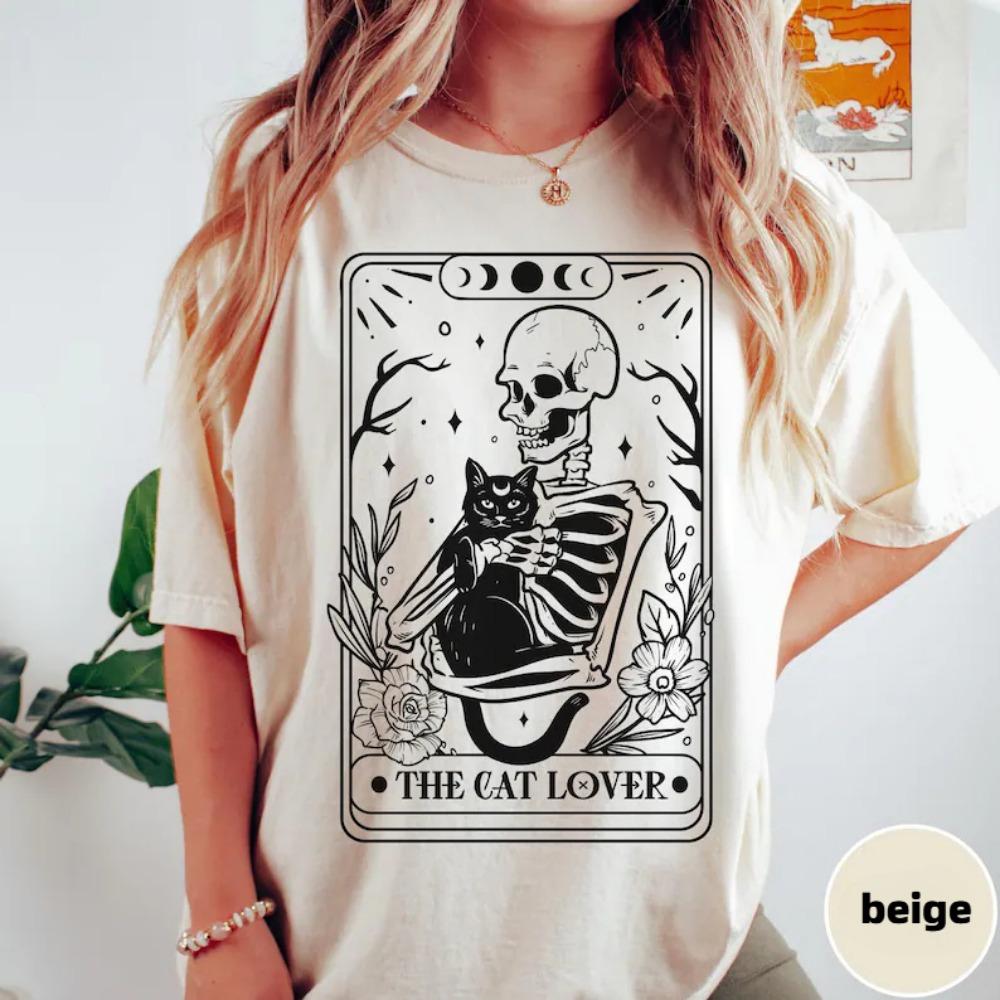 Women's Vintage Tarot Card Skeleton Cat The Lovers Print T-Shirt Men Oversized Tee Cotton Loose Top Short Sleeve