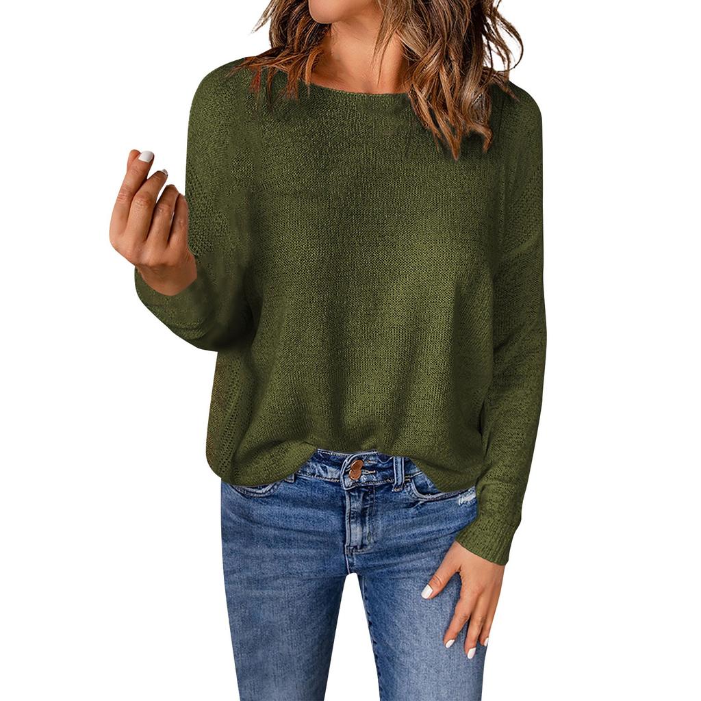 Women Solid Long Sleeve Sweater Crewneck Drop Shoulder Knit Shirts Tops