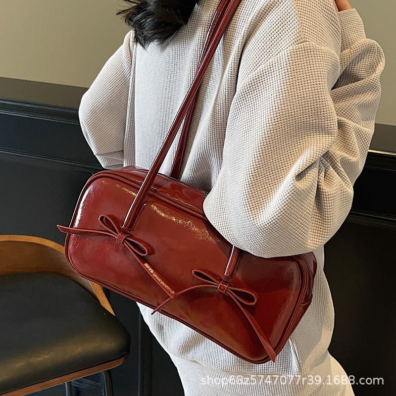 Versatile Simple Underarm Boston Bag Women's 2025 Spring New Korean Version Bow Fashion High-end Shoulder Bag