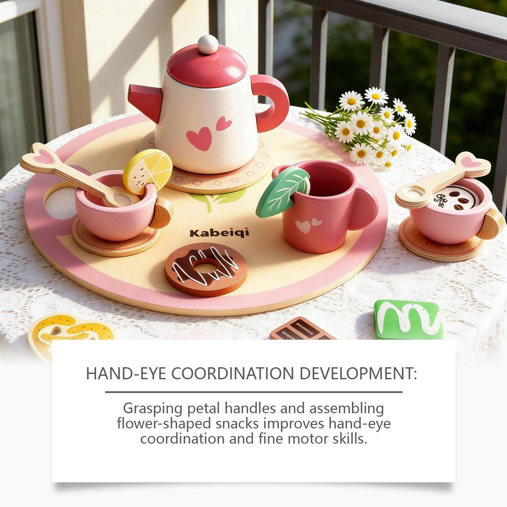 DOWMOO Wooden Afternoon Tea Role-Play Toy for Dexterity and Fun Playhouse Activities