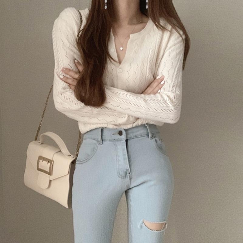 

Autumn new solid color crew neck knitted cardigan loose long sleeve top short sweater women s thin coat one size fits all слоновая кость
