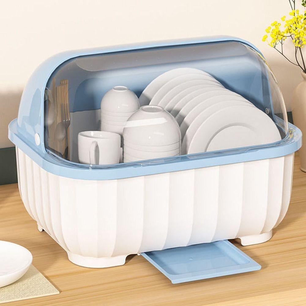 Cupboard Dust Proof Semi-flip Cover Bowl Storage Plate Holder Drain Rack Dish Rack Storage Box