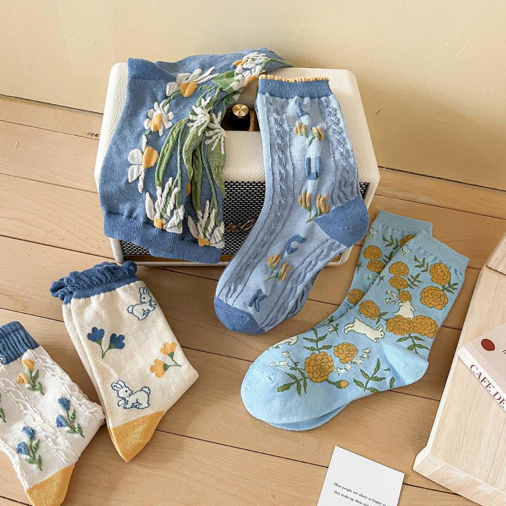 Blue Socks Flower Print Vintage Long Socks Women Japanese Fashion Harajuku Retro Streetwear Sweet Girls Kawaii Cute Crew Socks