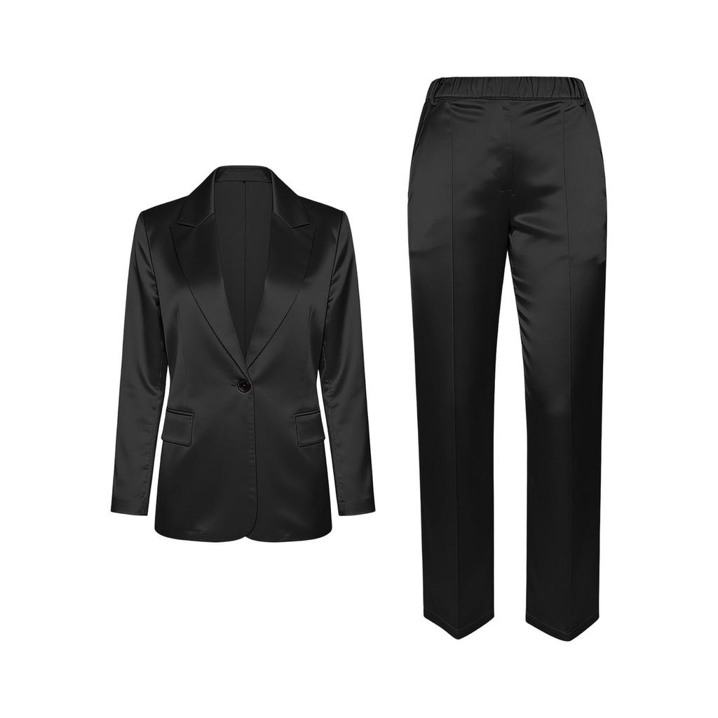 Damen Satin- und Hosen-Set - Langärmelige Reversjacke mit elastischer Taille Stoffhose für Business Casual