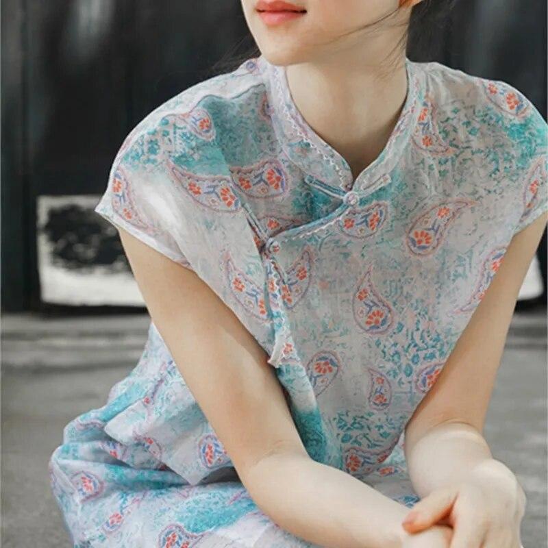 Johnature Women Chinese Style Dress Stand Short Sleeve Print Floral Summer A-Line Vintage Button Dress