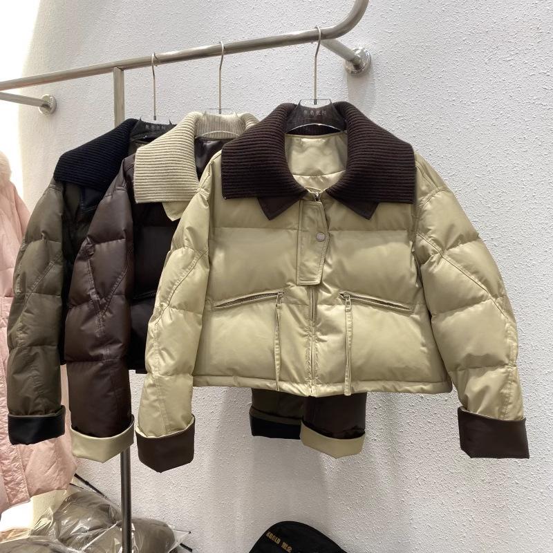 Autumn and Winter European Knitted Lapel Short Down Jacket Women's Short Loose Protein Leather Splicing White Duck Down Jacket