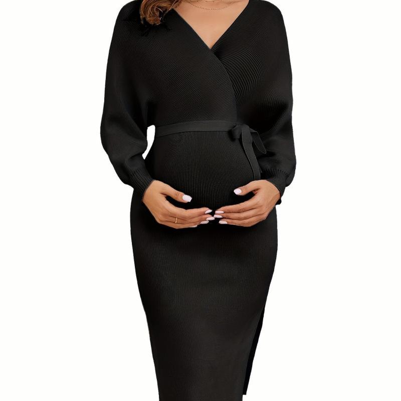 2025 Maternity V-Neck Knit Bodycon Dress for Dropshipping S чёрный