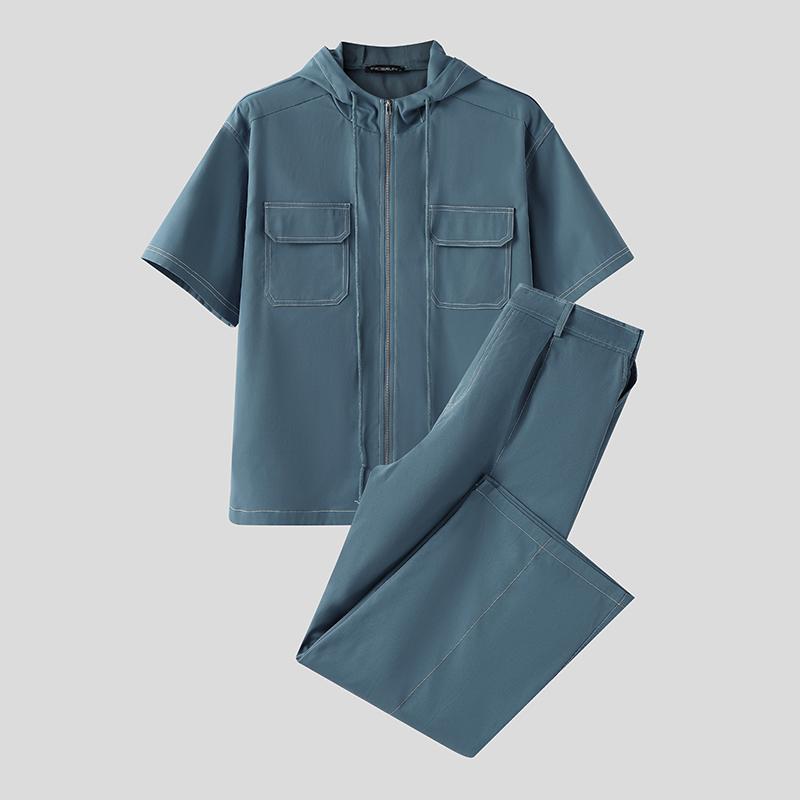 

INCERUN 2PCS Men Hooded Stitching Short Sleeve Shirt Long Straight Pants Sets Outfits 3XL синий