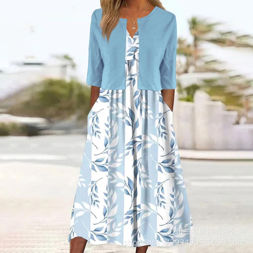 High Quality Women Summer Floral Print Two Piece Dress Set Short Sleeve Outfits