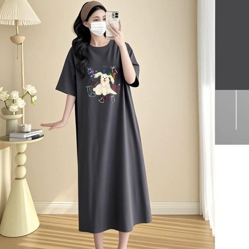 Laid-back T-shirt Long Dress for Women In Summer, Korean Style Loose and Slimming Short-sleeved Loose Casual Cartoon Printed Dress